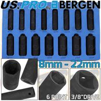 US PRO DEEP IMPACT SOCKET Set 3/8Dr 15pc 8mm - 22mm 6pt Hex Long Reach Sockets