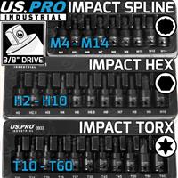 US PRO IMPACT Hex Torx Spline Bit Sockets 3/8 Drive Short Reach Allen Star HX