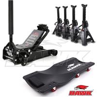 HAWK 3T 3 TONNE LOW PROFILE CAR TROLLEY JACK KIT WITH CREEPER & 4 AXLE STANDS