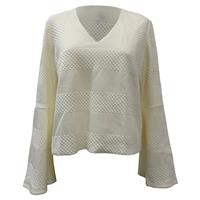 Iris & Ink Textured V-Neck Long Sleeve Top in Cream Polyester - UK10 Regular