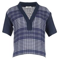 Sandro V-neck Check Top in Navy Blue Cotton - FR36 Regular