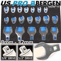 US PRO Crow Foot Spanner Set 8mm-32mm Heavy Duty Open End Wrench 3/8" 1/2" 19pc