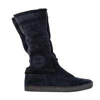 Chanel Cc Logo Shearling Boots In Navy Blue Suede Women Black Size 36