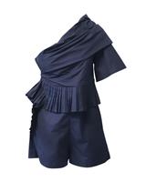 Chloe Asymmetrical Pleated Playsuit In Navy Cotton Women Blue Size 36 - FR36 Regular