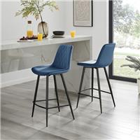 **Seconds** Pesaro Navy Blue Velvet Upholstered Black Metal Leg Bar Chair Set o