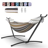 EVERYFUN DOUBLE HAMMOCK WITH SPACE-SAVING STEEL STAND 2P WT 600LB - DC COFFEE