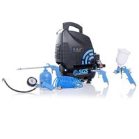 SGS 6 Litre Oil Free Air Compressor 5 Pc Air Hose & Air Tools Kit - 5.7CFM 1.5HP