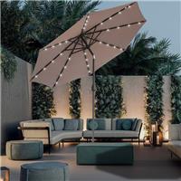2.7M Solar LED Parasol Garden Patio Tilt Crank Sun Shade Round Umbrella Taupe