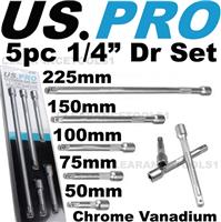 US PRO 1/4" Dr Extension Bar Set 5pc 50 75 100 150 225mm 4157 Long Reach Extensi