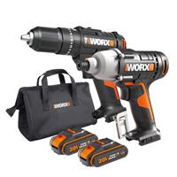 WORX Powershare Cordless Impact Driver Hammer Drill Twin Pack 20V x2 2.0Ah WX902