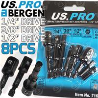 US PRO IMPACT Drill Socket Adaptor 8PCS Hex Drive To 1/4 3/8 1/2 DR Square