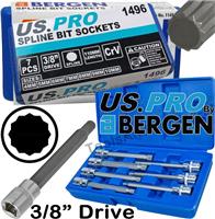 US PRO Extra Long Spline Bit Socket Set 3/8" Dr 12 Point Triple Square M Splines