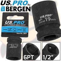 US PRO 19mm Shallow Impact Socket 1/2" Drive 19mm 6 Point Single Hex Impact CR-V