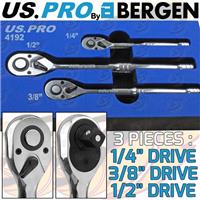 US PRO 3pc Ratchet Handle Set 1/4 3/8 1/2 Long Reach Wrenches Quick Release