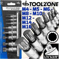 SPLINE BIT Socket Set 1/4 & 3/8 Drive Spline Bits Sockets Triple Square M4-M16