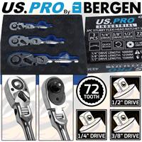US PRO Stubby Flexi Ratchet Handle Set 1/4 3/8 1/2 Wrenches Quick Release 3pc