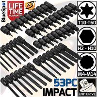 IMPACT Hex Torx Spline Bit Sockets 3/8 Drive Long & Short Allen Star HX TX 53pc