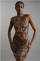 Karen Millen Bodycon Mini Dress UK16 in Gold RRP &pound;329