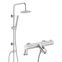 Chrome Deck Mounted Thermostatic Bath Shower Mixer Tap & 3 Way Round Rigid Riser