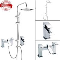 3 Way Square Rigid Shower Riser Kit Waterfall Bath Shower Mixer Tap & Basin Tap