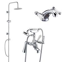 Traditional Bath Shower Mixer Tap 3 Way Round Rigid Riser Kit & Mono Basin Tap