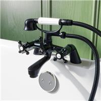 Oxford Bath Shower Mixer Tap Handset Hose Traditional Crosshead Handle Black