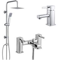 Bath Shower Mixer Tap With 3 Way Square Rigid Riser Shower Mixer Kit & Basin Tap