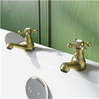 Oxford Bathroom Bath Pillar Tap Set Pair Round Single Cross Handle Brushed Brass
