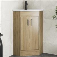 Bathroom Double Door Corner Vanity Unit Basin 1 Tap Hole Freestanding 585mm Oak