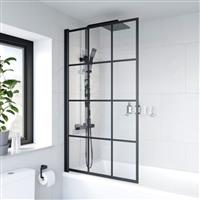 Bath Shower Screen Black Grid Square Door Hinged 800mm Framed Safety Glass Panel