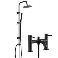 Matte Black Deck Mounted Bath Shower Mixer Tap & Round 3 Way Rigid Riser Shower