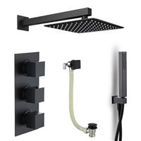 Triple Black Square Concealed Thermostatic Shower Mixer w/ Bath Filler-3 Outlet