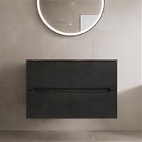 800mm Bathroom Vanity Unit Grey Marble Countertop Wall Hung Black Fluted Unit