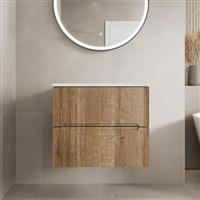 600mm Bathroom Vanity Unit White Marble Countertop Wall Hung Fluted Oak Unit