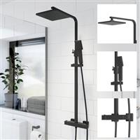 Bathroom Thermostatic Mixer Shower Set Square Black Twin Head Exposed Valve