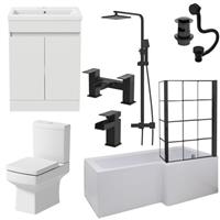 Complete Bathroom Suite Black RH Shower Bath Screen Basin Vanity Toilet 1700mm