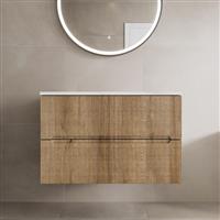 800mm Bathroom Vanity Unit White Marble Countertop Wall Hung Fluted Oak Unit