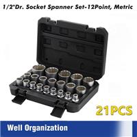 21PCS Spline Socket Set 1/2" Drive Universal Metric 8-36mm 12-Point Cr-V Socket