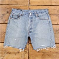 Vintage Levi's Denim Shorts 34 Levis 501 Raw Hem Jorts Stonewash Bermuda Blue - 34 Regular