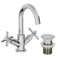 Bathroom Mono Basin Sink Mixer Tap Waste Modern Cross Head Handle Curved Spout