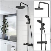 Bathroom Thermostatic Mixer Shower Set Round Matte Black Twin Head Exposed Valve