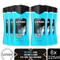 Lynx Ice Chill 12-H Refreshing Fragrance Shower Gel Body Wash for Men, 6x225ml