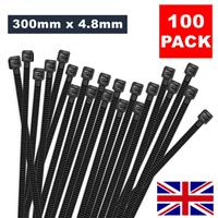 100 PACK 300MM X 4.8MM NYLON PLASTIC STRONG BLACK CABLE TIES TIE WRAPS ZIP TIES
