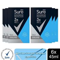 Sure Men Maximum Protection Clean Scent Anti-Perspirant Deodorant, 6 Pack, 45ml
