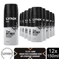 Lynx Black 72 HRS Anti Sweat Anti-Perspirant Body Spray for Men, 12x150ml