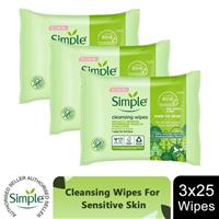 Simple Kind to Skin, Cleansing Wipes For Sensitive Skins, 3 Packs of 25 Wipes
