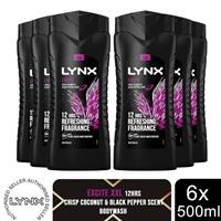 Lynx Excite 12H Refreshing Fragrance Shower Gel Bodywash, 6x 500ml