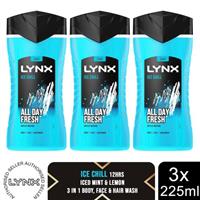 Lynx Ice Chill 12-H Refreshing Fragrance Shower Gel Body Wash for Men, 3x225ml