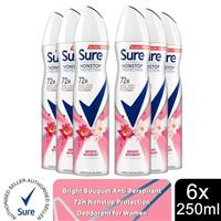 Sure Women Antiperspirant 72H Nonstop Protection Bright Bouquet Deo, 6x250ml