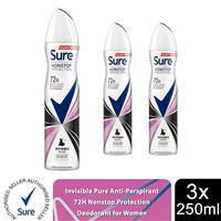 Sure Women Antiperspirant 72H Nonstop Protection Invisible Pure Deo, 3x250ml